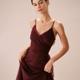 The Wine Red V Neck Mesh Wrap Maxi Dress