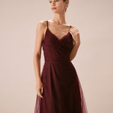 The Wine Red V Neck Mesh Wrap Maxi Dress