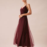 The Wine Red V Neck Mesh Wrap Maxi Dress