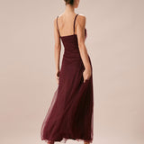 The Wine Red V Neck Mesh Wrap Maxi Dress