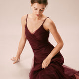The Wine Red V Neck Mesh Wrap Maxi Dress