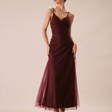The Wine Red V Neck Mesh Wrap Maxi Dress