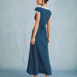 The Navy V Neck Polka Dot Lace Ruched Maxi Dress