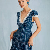 The Navy V Neck Polka Dot Lace Ruched Maxi Dress