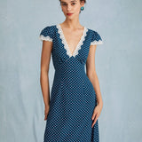 The Navy V Neck Polka Dot Lace Ruched Maxi Dress
