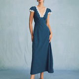 The Navy V Neck Polka Dot Lace Ruched Maxi Dress