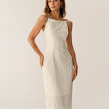 Beige Textured Beaded Slip Midi Dress