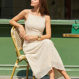 Beige Textured Beaded Slip Midi Dress