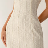 Beige Textured Beaded Slip Midi Dress