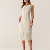 Beige Textured Beaded Slip Midi Dress