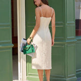 Beige Textured Beaded Slip Midi Dress