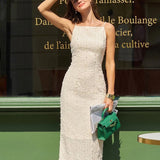 Beige Textured Beaded Slip Midi Dress