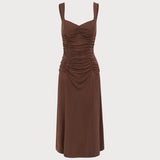 Women's Coffee Ruched Knitted Slip Midi Dress