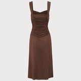 Women's Coffee Ruched Knitted Slip Midi Dress
