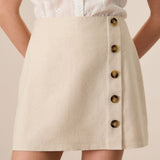 Women's Beige High-Waisted Cotton Button Mini Skirt