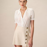 Women's Beige High-Waisted Cotton Button Mini Skirt