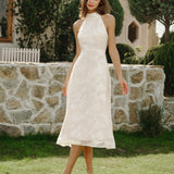 Beige Halter Floral Midi Dresses