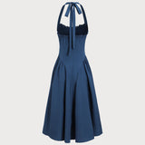 Navy Ruched Halter Midi Dress