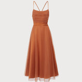 Caramel Mesh Flowy Slip Midi Dress