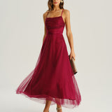 Wine Red Mesh Flowy Slip Midi Dress