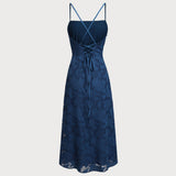 Navy Jacquard Slip Backless Maxi Dress