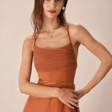 Caramel Mesh Flowy Slip Midi Dress