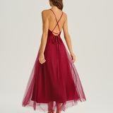 Wine Red Mesh Flowy Slip Midi Dress