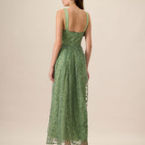 Women's Green Embroidery Mesh Slip Maxi Dress