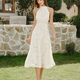 Beige Halter Floral Midi Dresses