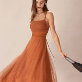 Caramel Mesh Flowy Slip Midi Dress