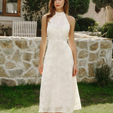 Beige Halter Floral Midi Dresses