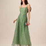 Women's Green Embroidery Mesh Slip Maxi Dress