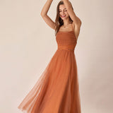 Caramel Mesh Flowy Slip Midi Dress