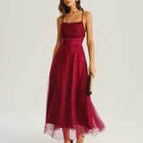 Wine Red Mesh Flowy Slip Midi Dress