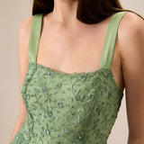 Women's Green Embroidery Mesh Slip Maxi Dress