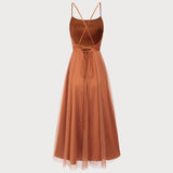 Caramel Mesh Flowy Slip Midi Dress
