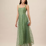 Women's Green Embroidery Mesh Slip Maxi Dress