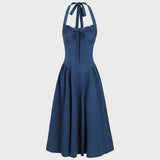 Navy Ruched Halter Midi Dress