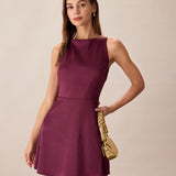 Purple Boat Neck Sleeveless Mini Dress