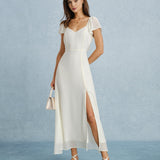 Apricot Sweetheart Neck Slit Chiffon Maxi Dress
