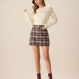 Brown Plaid Straight Mini Skirt