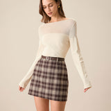 Brown Plaid Straight Mini Skirt