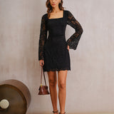 Black Lace Bell Sleeve A-Line Mini Dress