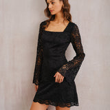 Black Lace Bell Sleeve A-Line Mini Dress