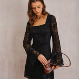 Black Lace Bell Sleeve A-Line Mini Dress