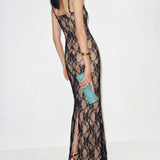 Black Lace Splicing Slip Maxi Dress