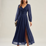 Blue V Neck A-Line Maxi Dress
