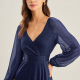 Blue V Neck A-Line Maxi Dress