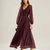 Purple V Neck See Through A-Line Maxi Dresses