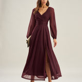 Purple V Neck See Through A-Line Maxi Dresses
